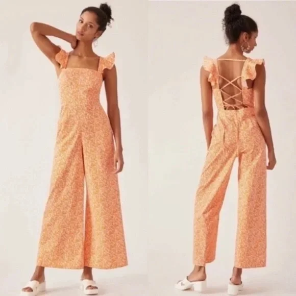 Anthropologie Hutch Jumpsuit Matchsticks Ruffle Jumpsuit Medium Petite - Picture 1 of 9